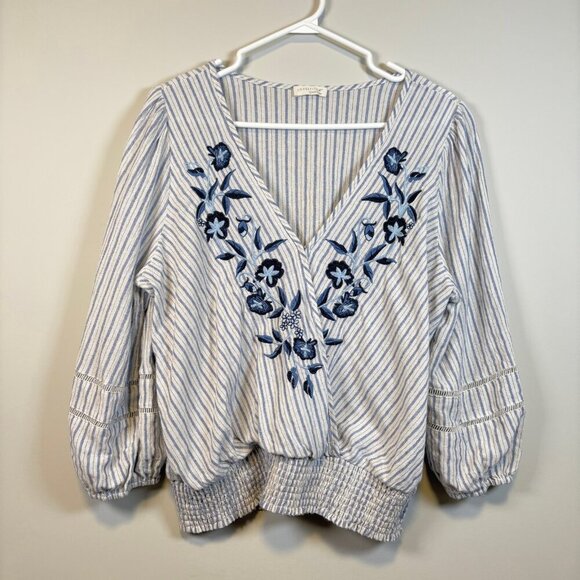 Lovestitch Size Large Boho Chic Embroidered Striped V-Neck Top Costal Chic Blue - Picture 2 of 15